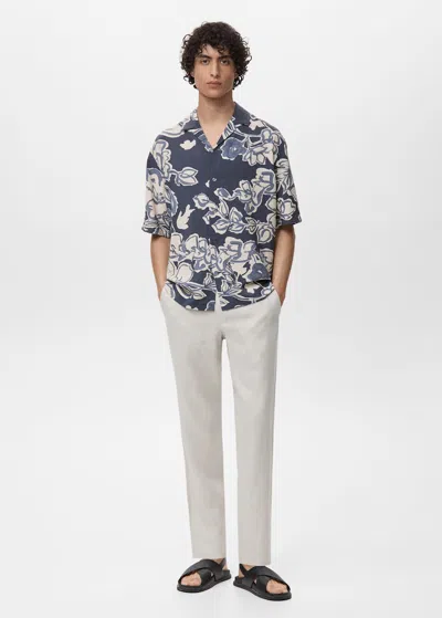 Mango Man Chemise À Fleurs Effet Froissé Bleu Marine - Homme - Xl -