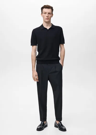 Mango Man Crochet Cotton Polo Shirt Black