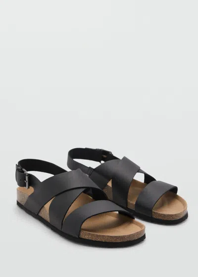 Mango Man Crossed Leather Buckle Sandal Black
