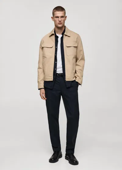 Mango Man Denim Jacket Pockets Beige