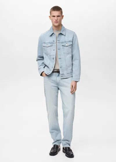 Mango Man Denim Jacket Pockets Light Blue