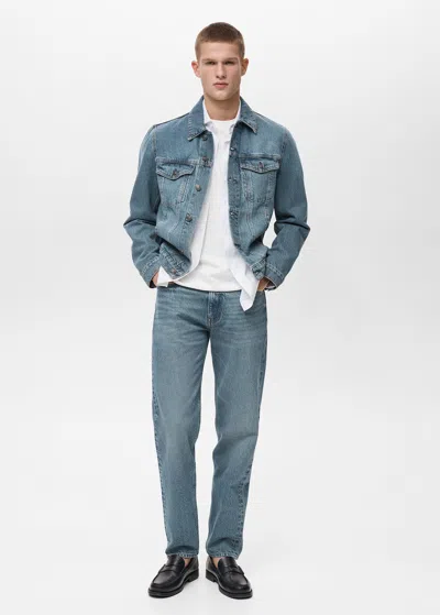 Mango Man Denim Jacket With Worn-out Effect Dark Blue