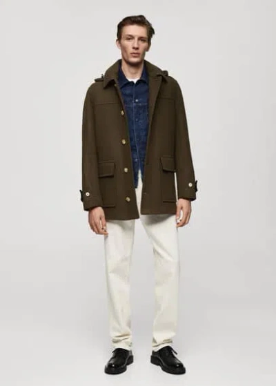 Mango Man Detachable Hood Wool Coat Khaki