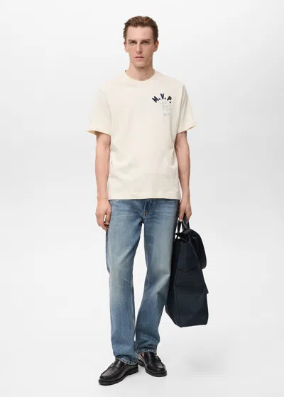 Mango Man T-shirt Coton Brodé Écru - Homme - Xxl -