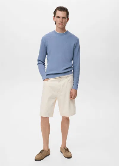 Mango Man Pull Coton Maille Fine Côtelée Bleu Porcelaine - Homme - Xxl -