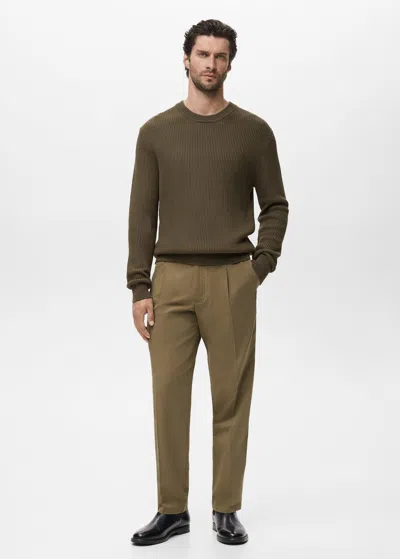 Mango Man Fine Rib-knit Cotton Sweater Olive Green