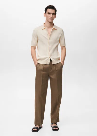Mango Man Fine Ribbed Knit Shirt Ivory White