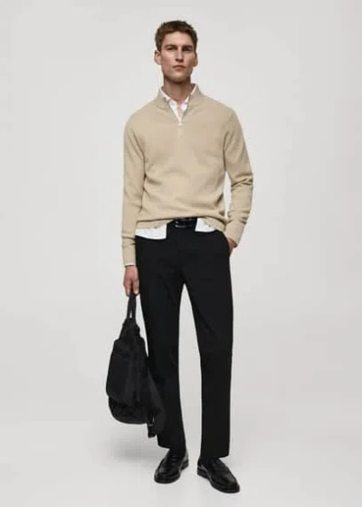 Mango Man Knitted Sweater With Zip Collar Beige