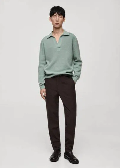 Mango Man Knitted Wool Blend Polo Sweater Aqua Green