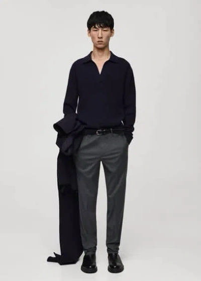 Mango Man Knitted Wool Blend Polo Sweater Dark Navy
