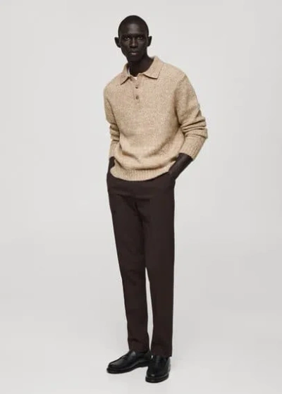 Mango Man Knitted Wool Blend Polo Sweater Mink Grey