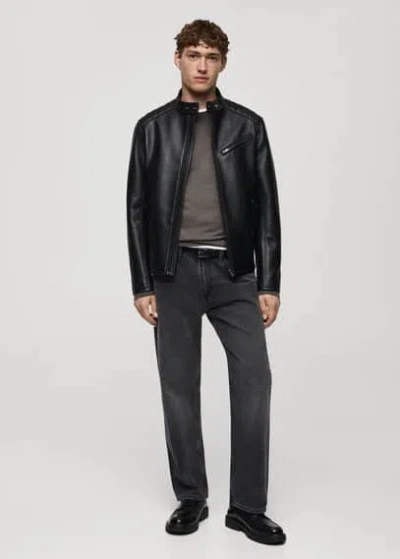 Mango Man Leather-effect Jacket With Stitching Detail Black
