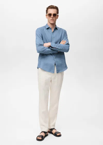 Mango Man Linen 100% Shirt China Blue