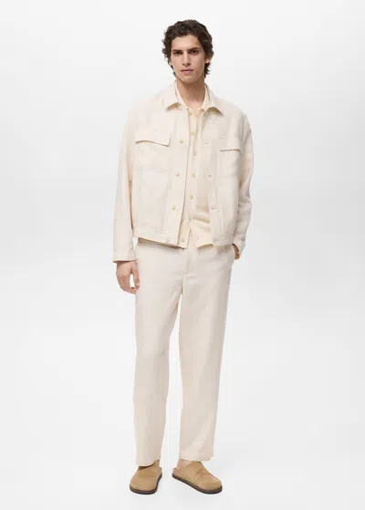 Mango Man Linen-blend Elastic Waist Trousers Ivory White