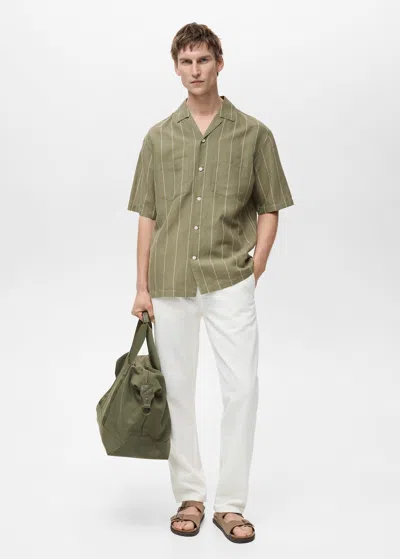Mango Man Linen Bowling Shirt With Pinstripes Green