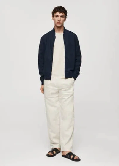 Mango Man Linen Lyocell Bomber Jacket Dark Navy