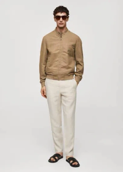 Mango Man Linen Lyocell Bomber Jacket Tobacco Brown