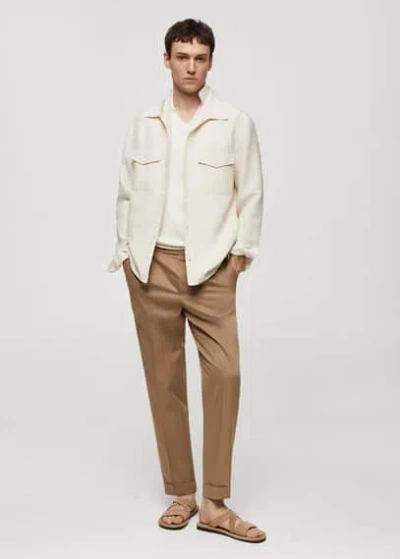 Mango Man Linen Overshirt With Pockets In Off White