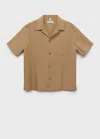 Mango Man Linen Shirt With Bowling Collar And Pocket Beige