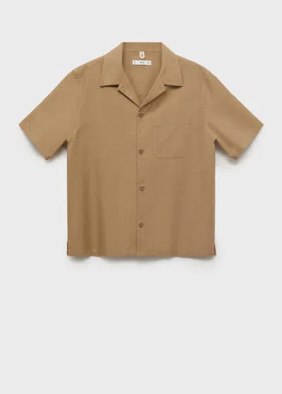 Mango Man Linen Shirt With Bowling Collar And Pocket Beige