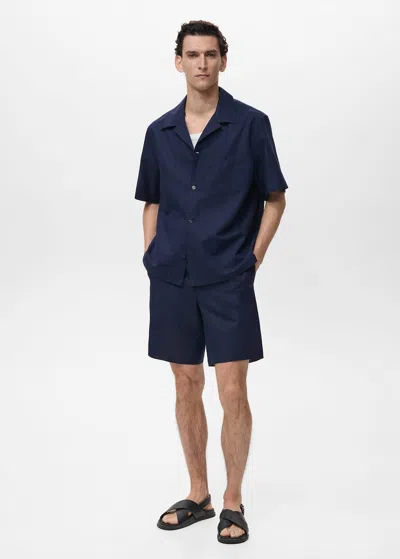 Mango Man Linen Shirt With Bowling Collar And Pocket Ink Blue