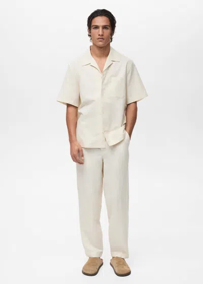 Mango Man Linen Shirt With Bowling Collar And Pocket Ivory White