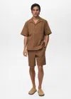 Mango Man Linen Shirt With Bowling Collar And Pocket Tobacco Brown