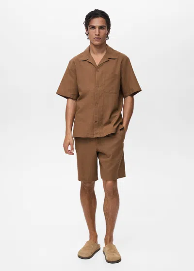 Mango Man Linen Shirt With Bowling Collar And Pocket Tobacco Brown