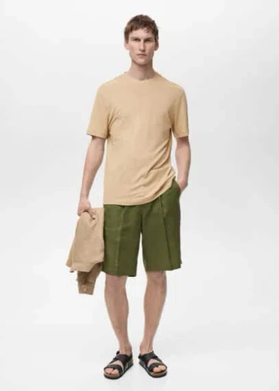 Mango Man Linen Slim Fit T-shirt Beige