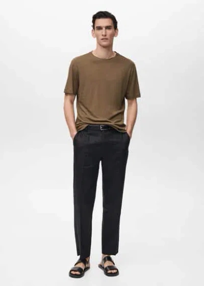 Mango Man Linen Slim Fit T-shirt Khaki