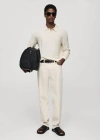 Mango Man Long-sleeved Structured Knitted Polo Shirt Off White