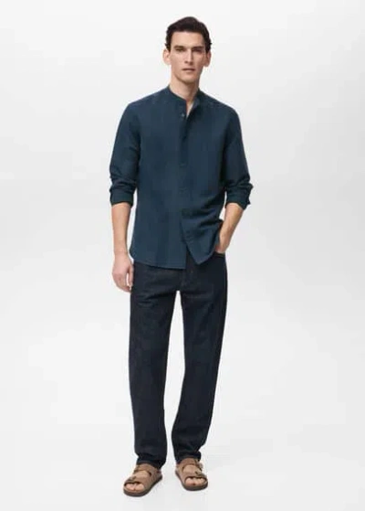 Mango Man Mao Collar Linen Shirt Dark Navy