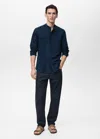 Mango Man Chemise Lin Col Mao Bleu Marine Foncé - Homme - Xxl -  In Blue