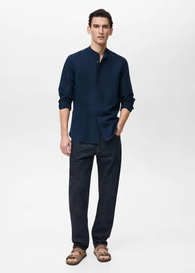 Mango Man Chemise Lin Col Mao Bleu Marine Foncé - Homme - Xxl -  In Blue
