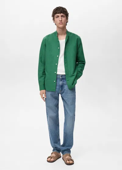 Mango Man Mao Collar Linen Shirt Green