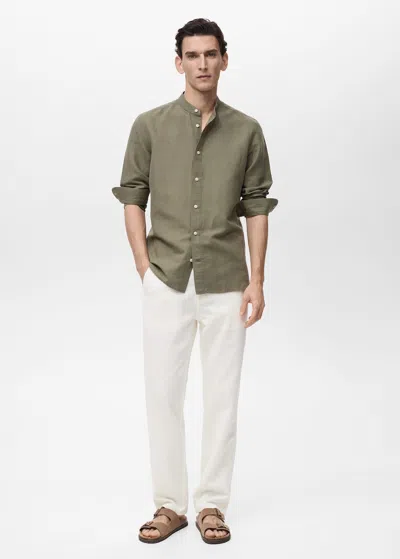 Mango Man Mao Collar Linen Shirt Khaki