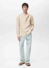 Mango Man Mao Collar Linen Shirt Sand