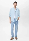 Mango Man Mao Collar Linen Shirt Sky Blue