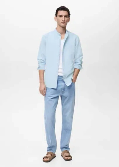 Mango Man Mao Collar Linen Shirt Sky Blue In Sky Blue