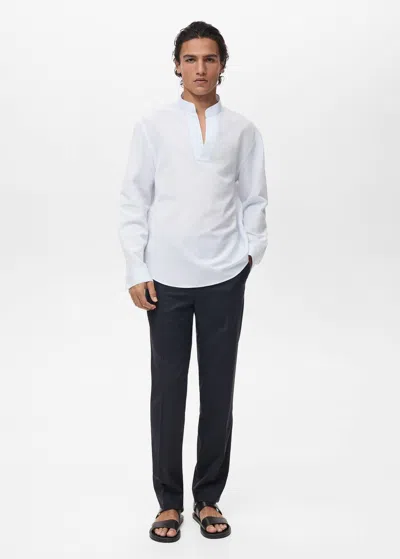 Mango Man Mao Collar Linen Shirt Sky Blue