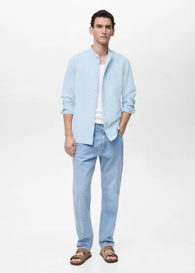 Mango Man Chemise Lin Col Mao Bleu Ciel - Homme - Xxl -  In Blue