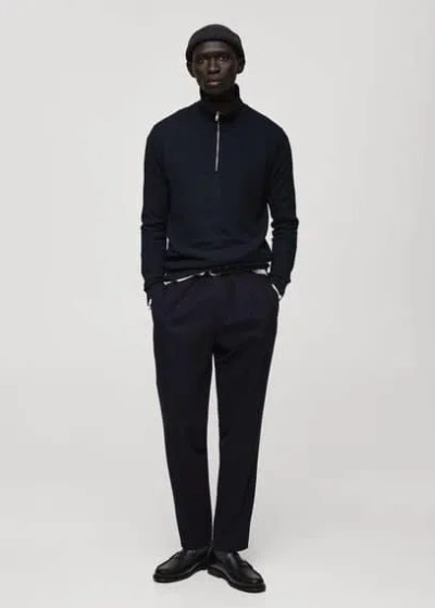 Mango Man Microstructure Sweater With Zipper Collar Dark Navy