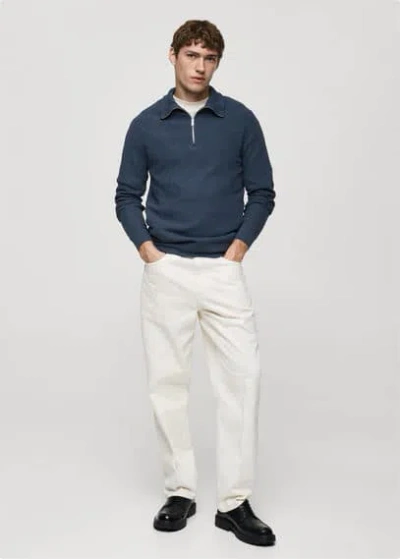 Mango Man Microstructure Sweater With Zipper Collar Indigo Blue