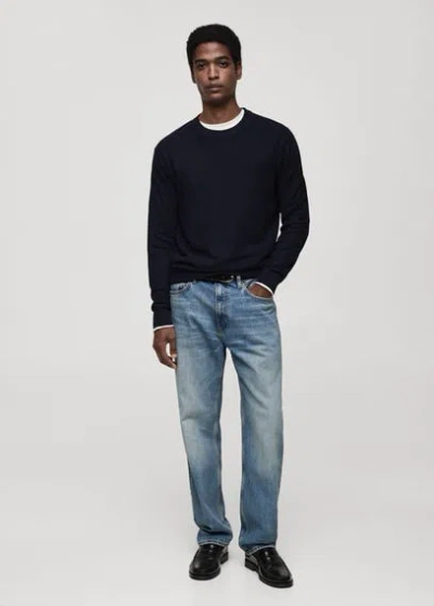 Mango Man Microstructured Cotton Knitted Sweater Dark Navy