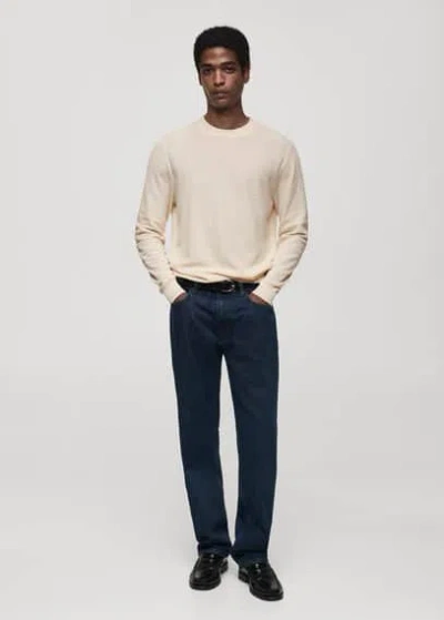 Mango Man Microstructured Cotton Knitted Sweater Off White
