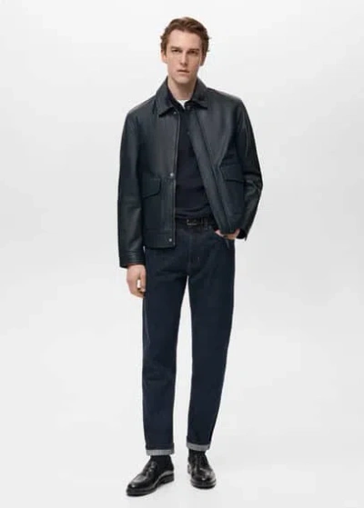 Mango Man Nappa Leather Jacket With Pockets Night Blue