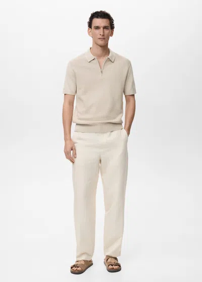 Mango Man Openwork Cotton Knitte Polo Shirt Beige