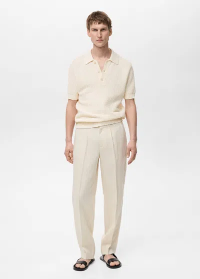 Mango Man Openwork Cotton Knitte Polo Shirt Ivory White