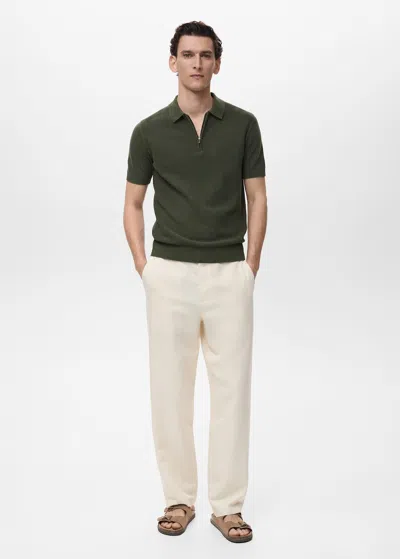 Mango Man Openwork Cotton Knitte Polo Shirt Khaki
