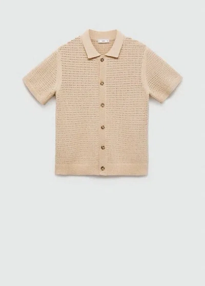 Mango Man Openwork Knit Polo With Buttons Beige